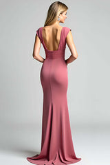 Desert Rose Mermaid V-Neck Long Ruched Formal Dress