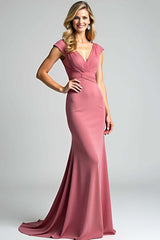 Desert Rose Mermaid V-Neck Long Ruched Formal Dress