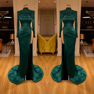 Designer Long Dark Green High Neck Long Sleeves Beading Prom Dress Split Long