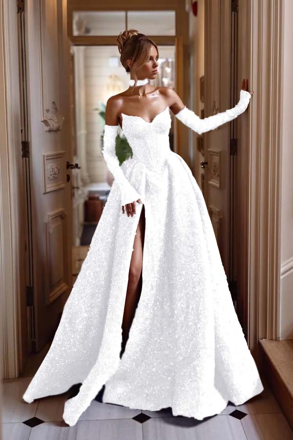 Detachable Train Prom Dress Long Sleeve Sweetheart Sequined Formal Dress