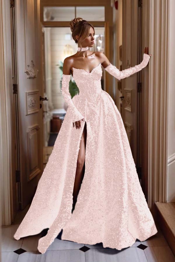 Detachable Train Prom Dress Long Sleeve Sweetheart Sequined Formal Dress