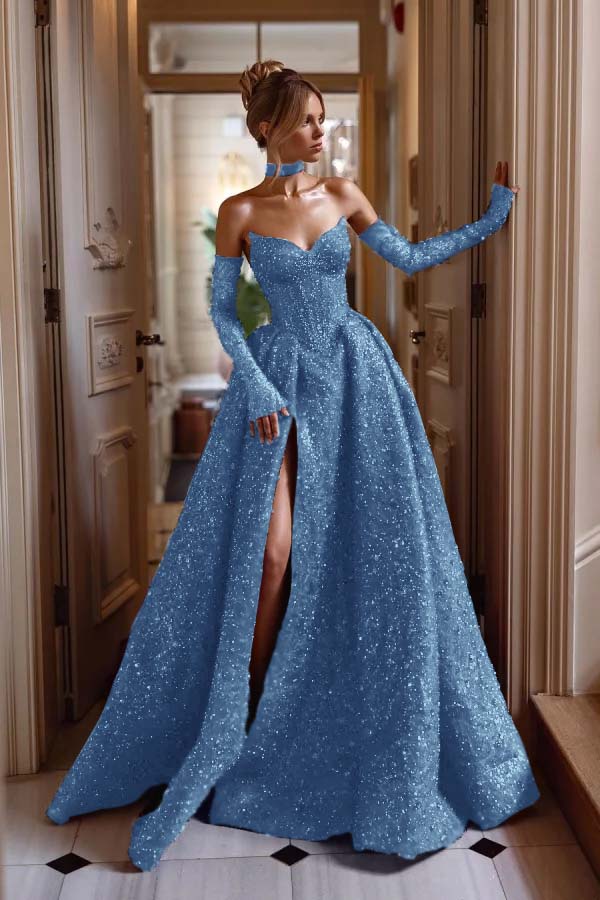 Detachable Train Prom Dress Long Sleeve Sweetheart Sequined Formal Dress