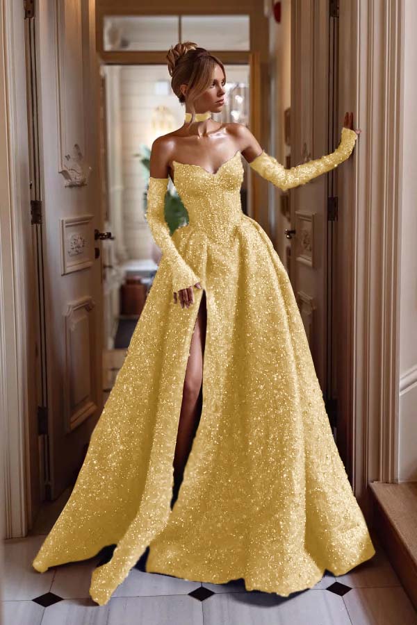 Detachable Train Prom Dress Long Sleeve Sweetheart Sequined Formal Dress