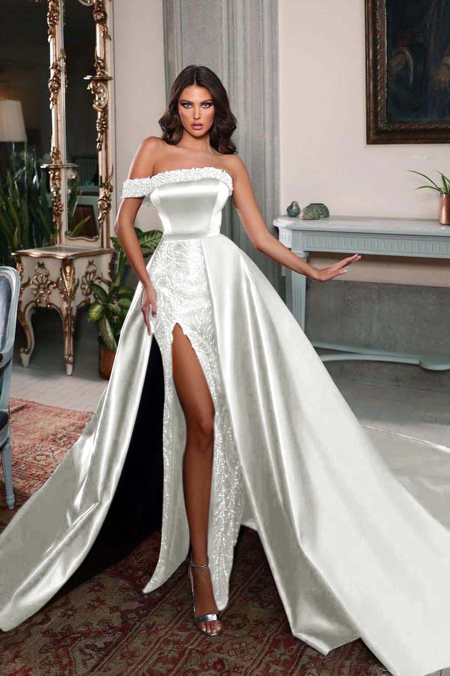 Detachable Train Prom Dress One Shoulder Beaded Formal Dress