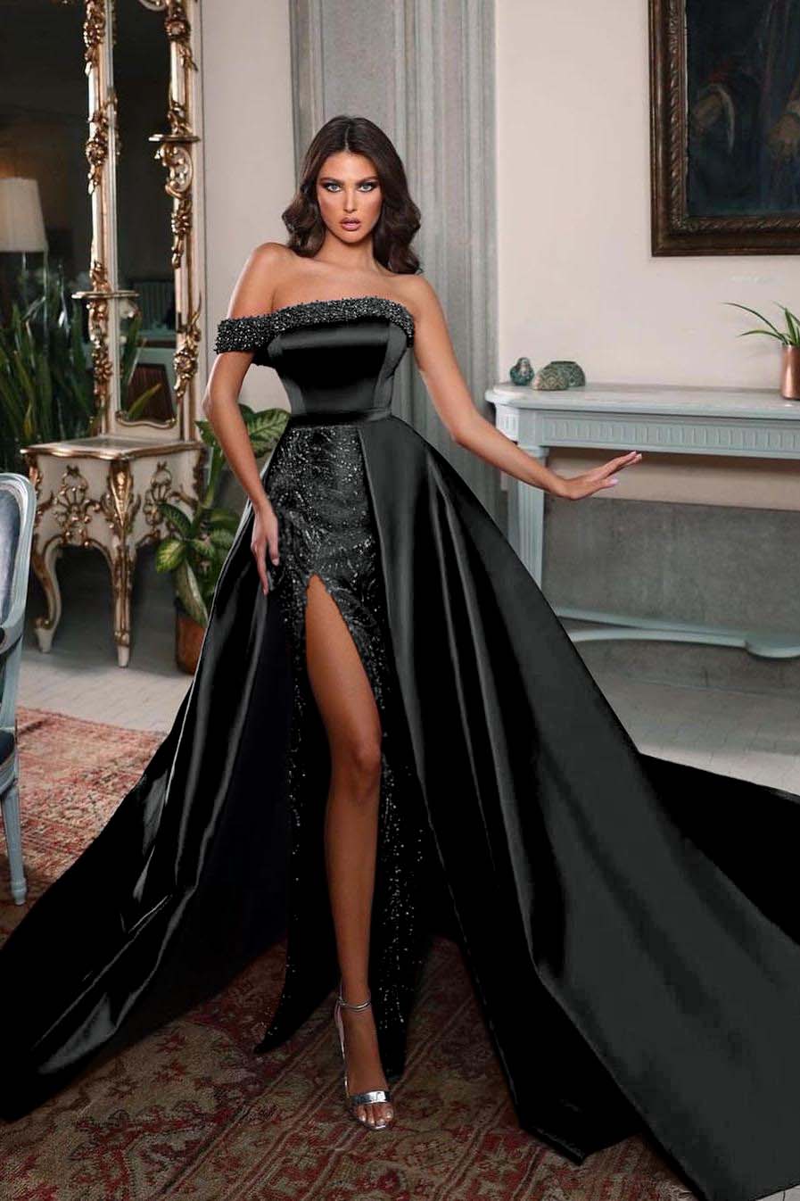 Detachable Train Prom Dress One Shoulder Beaded Formal Dress