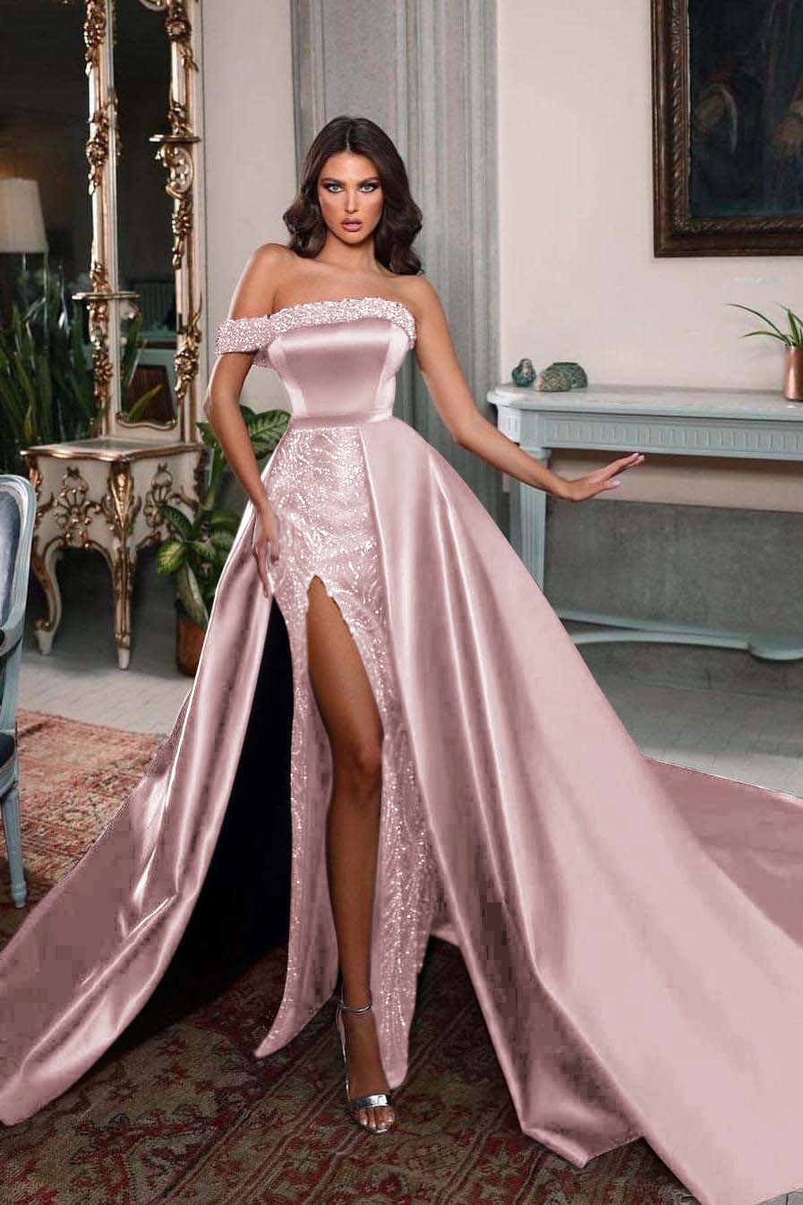 Detachable Train Prom Dress One Shoulder Beaded Formal Dress