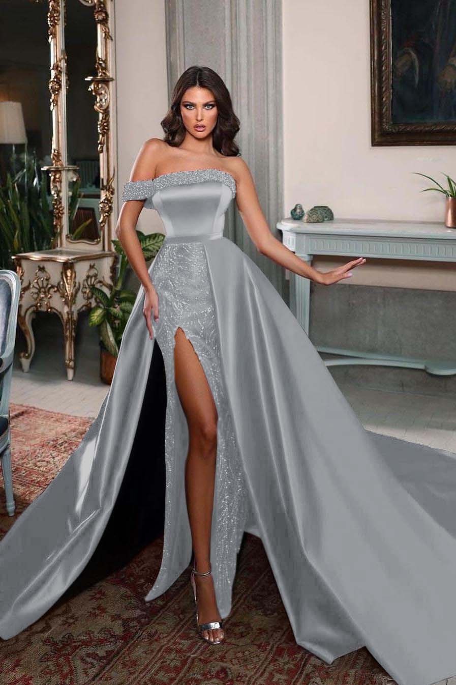 Detachable Train Prom Dress One Shoulder Beaded Formal Dress