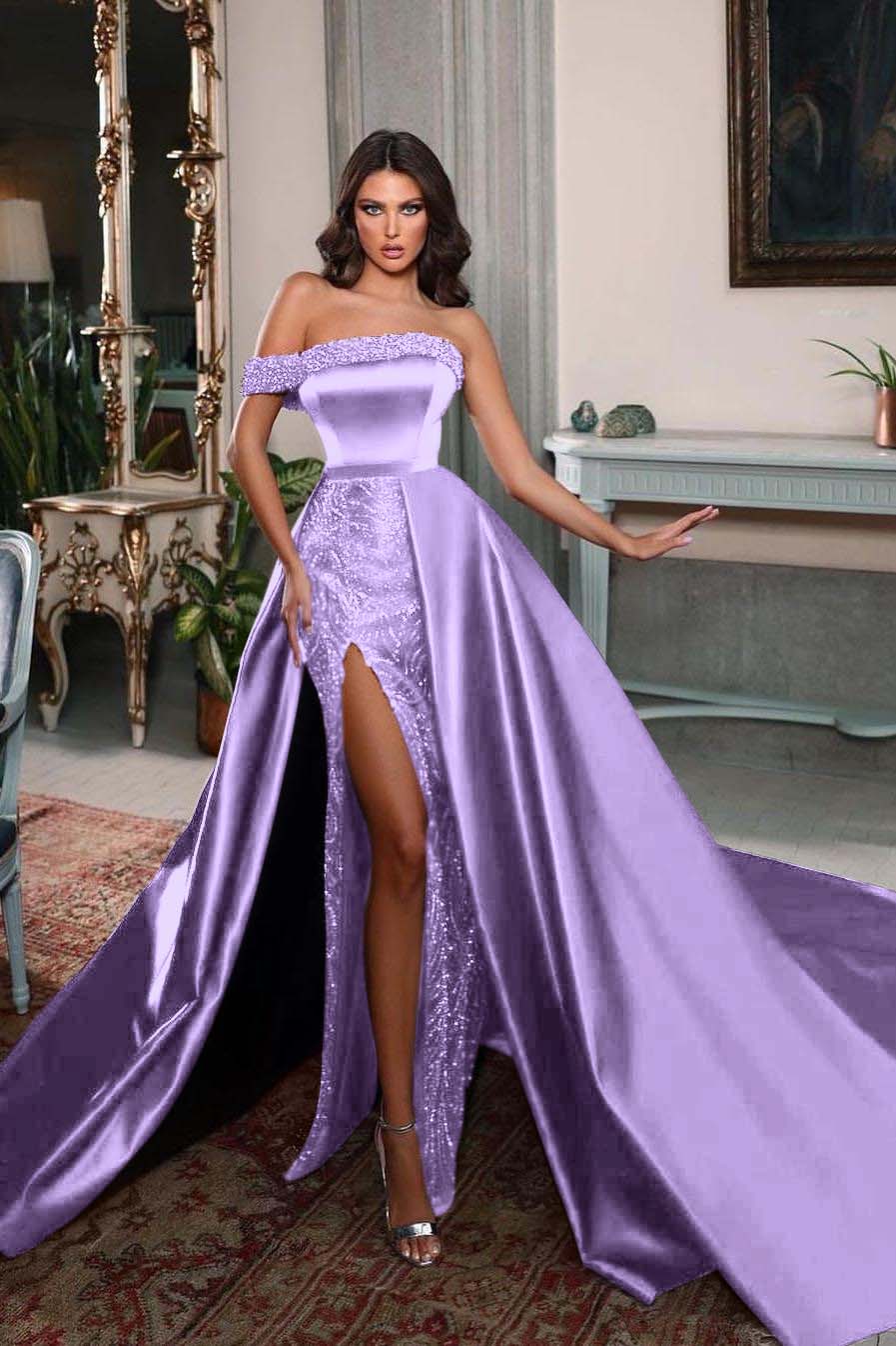 Detachable Train Prom Dress One Shoulder Beaded Formal Dress