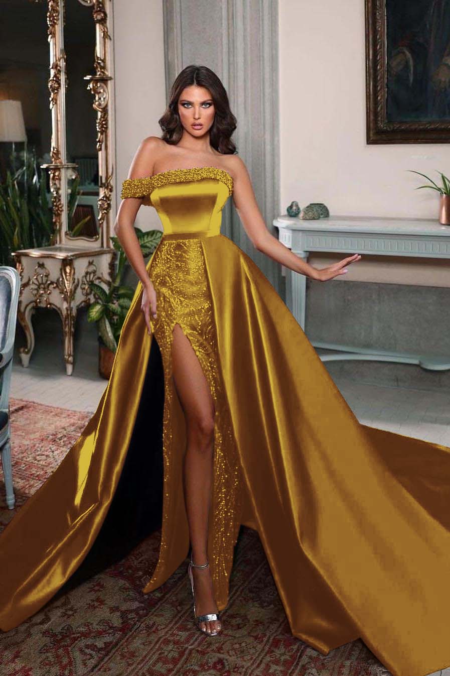 Detachable Train Prom Dress One Shoulder Beaded Formal Dress