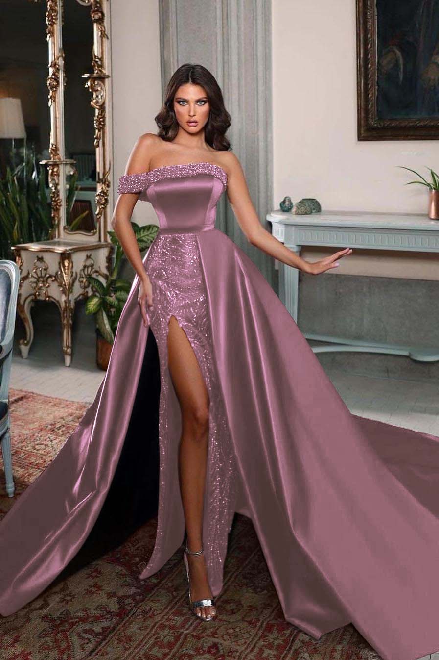 Detachable Train Prom Dress One Shoulder Beaded Formal Dress