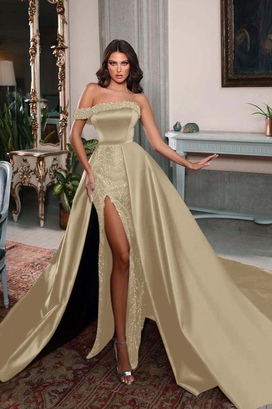 Detachable Train Prom Dress One Shoulder Beaded Formal Dress