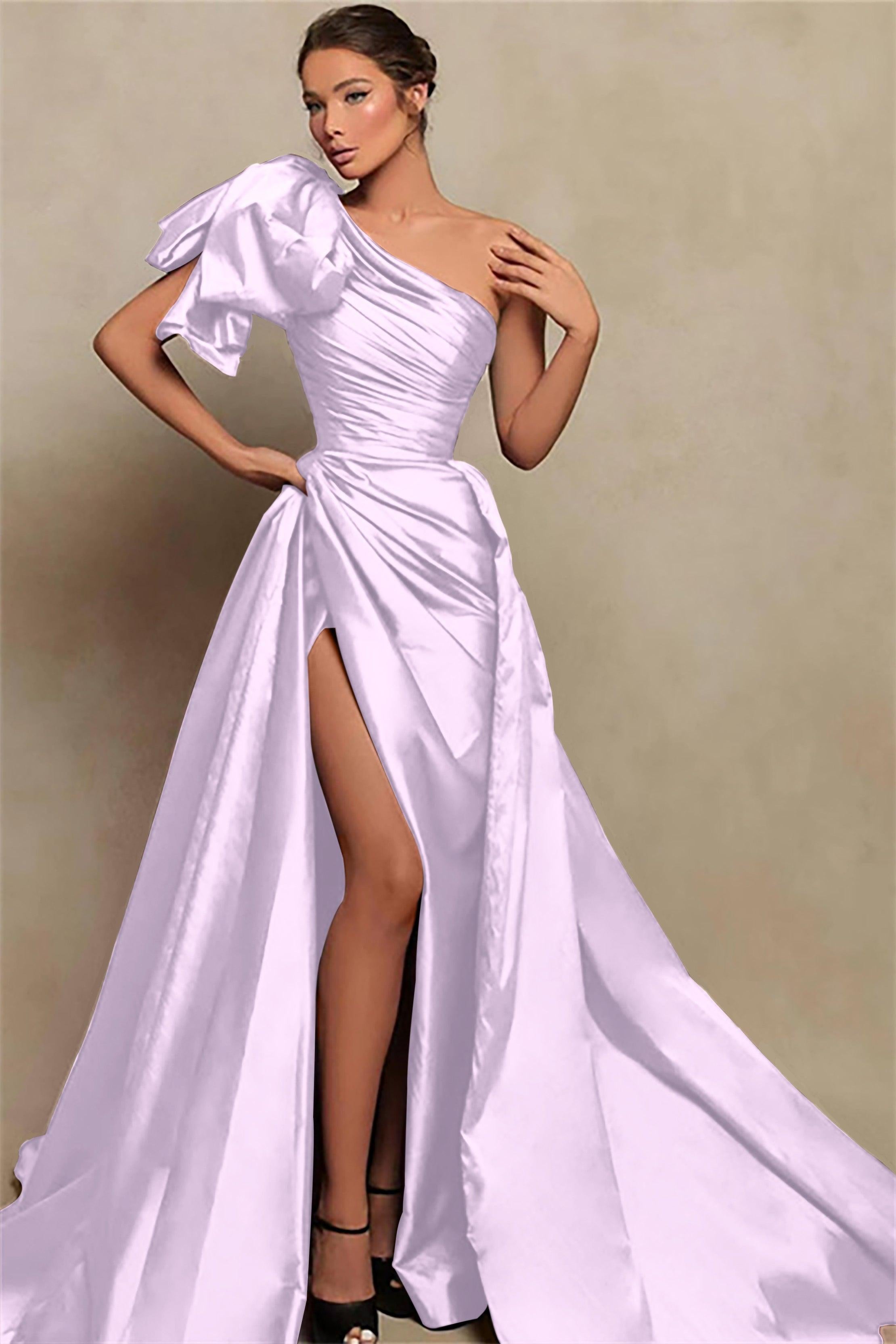 Detachable Train Prom Dress Sleeveless One Shoulder Satin Formal Dress