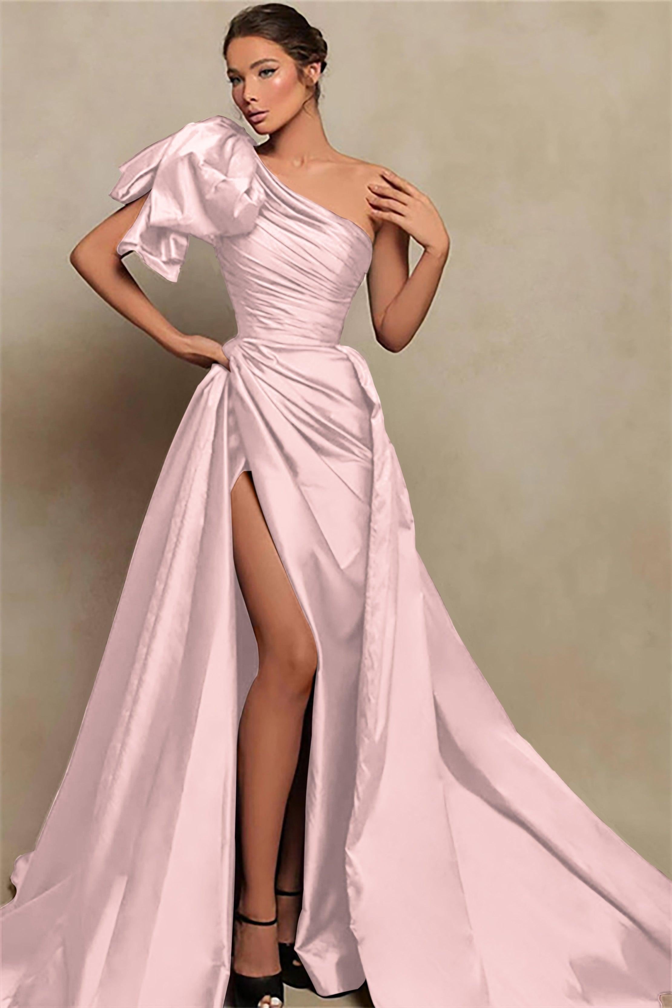 Detachable Train Prom Dress Sleeveless One Shoulder Satin Formal Dress