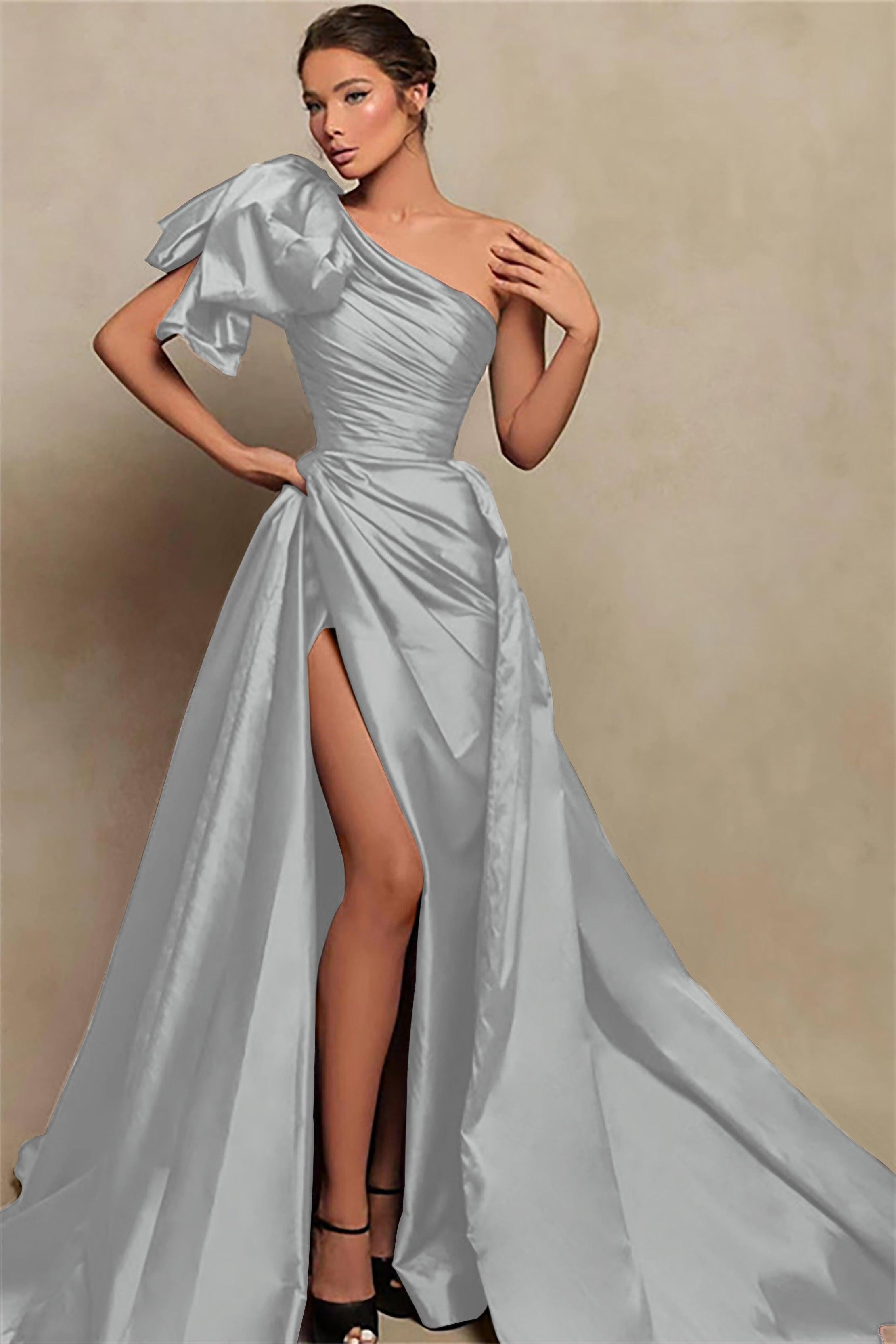 Detachable Train Prom Dress Sleeveless One Shoulder Satin Formal Dress
