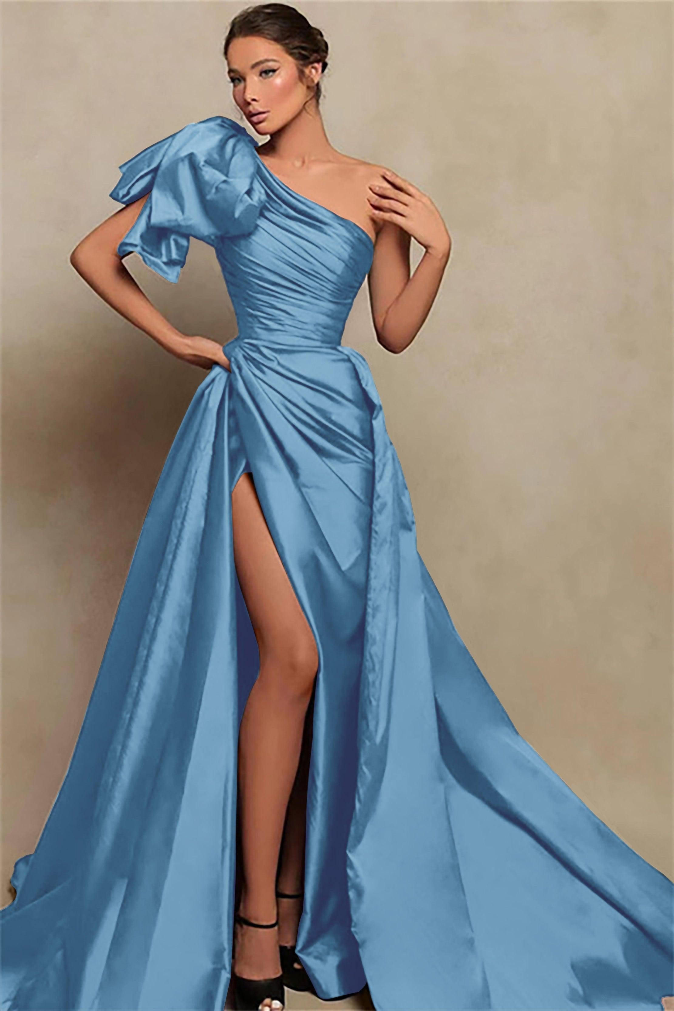 Detachable Train Prom Dress Sleeveless One Shoulder Satin Formal Dress