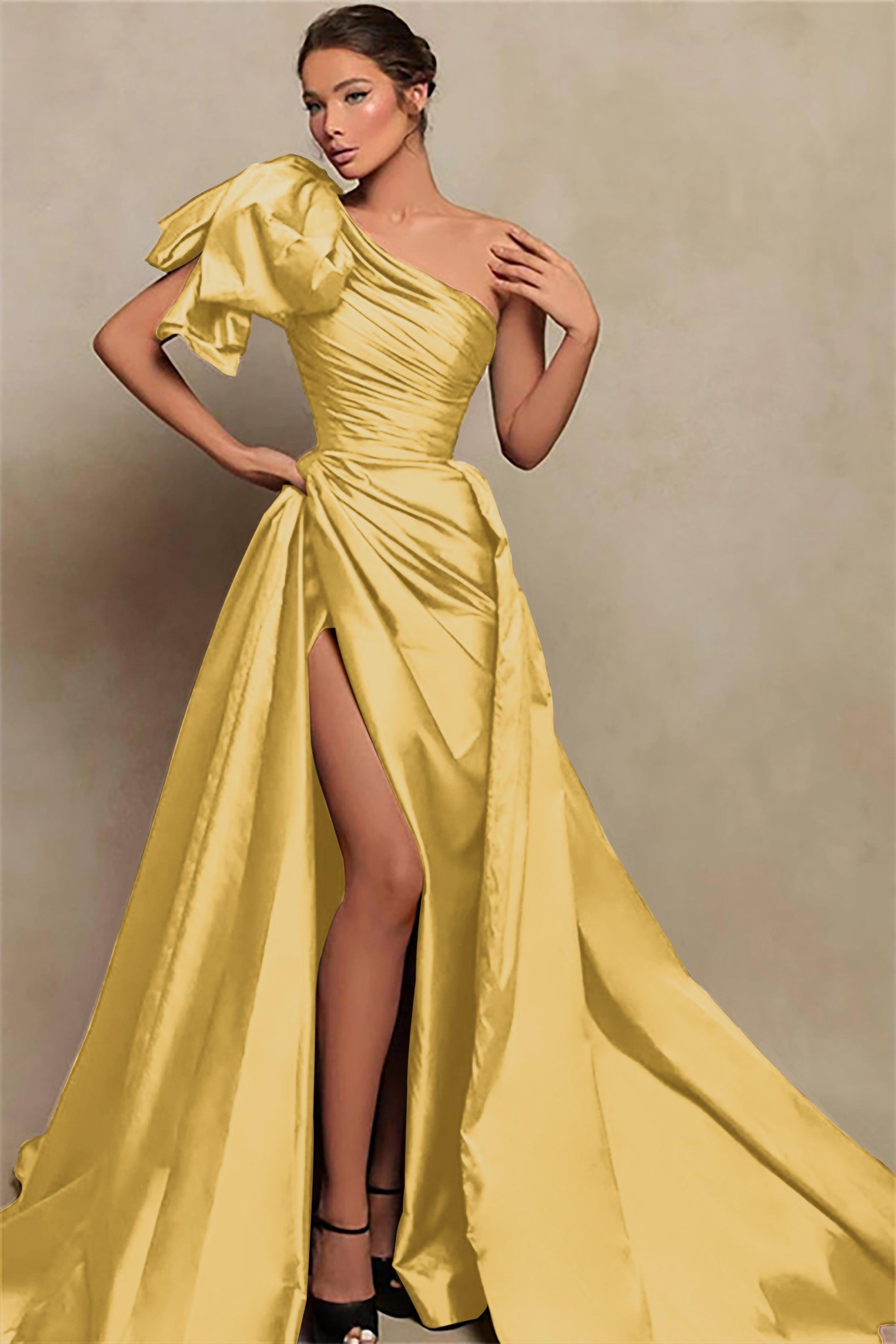 Detachable Train Prom Dress Sleeveless One Shoulder Satin Formal Dress