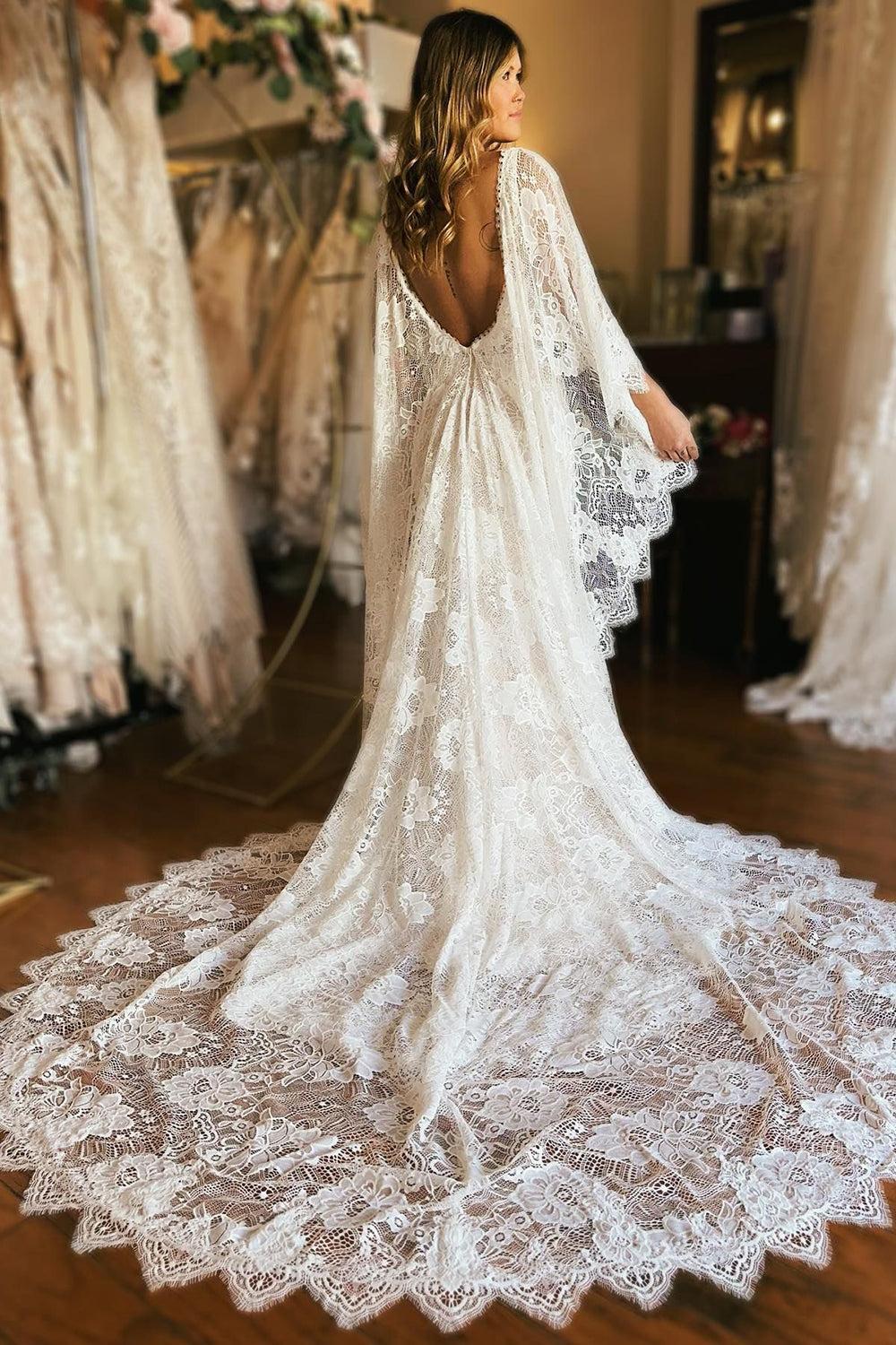 Dramatic Ivory Long Sleeve Cape Lace Mermaid Beach Wedding Dress with Appliques