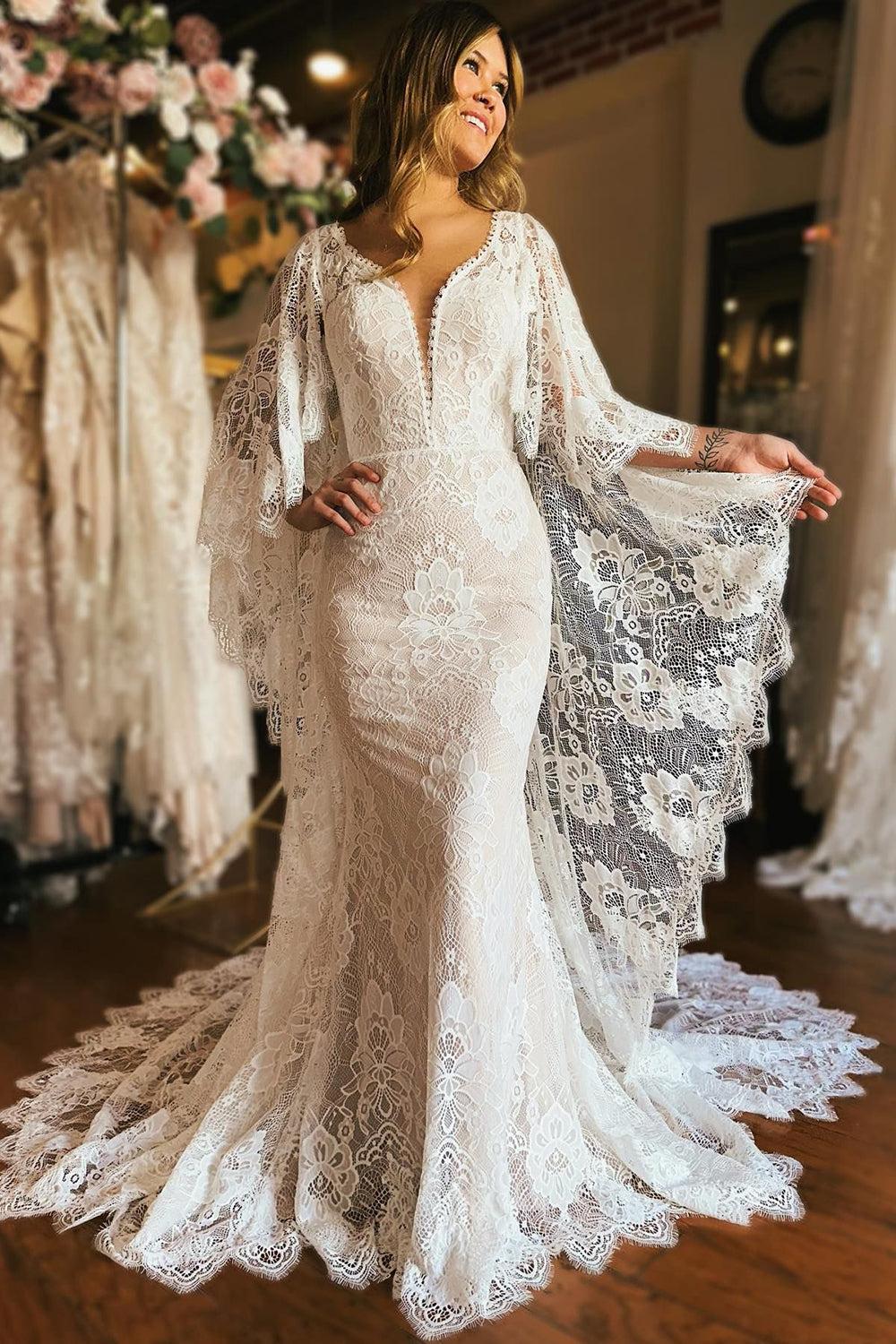 Dramatic Ivory Long Sleeve Cape Lace Mermaid Beach Wedding Dress with Appliques