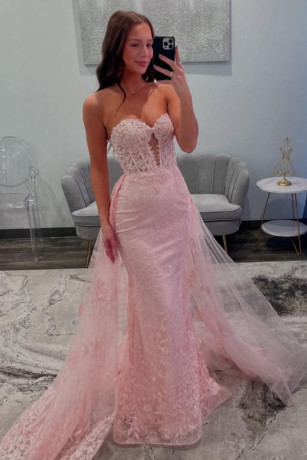 Dreamy Pink Mermaid Sweetheart Lace Prom Dress With Tulle Train Formal Evening Gown