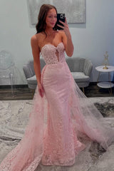 Dreamy Pink Mermaid Sweetheart Lace Prom Dress With Tulle Train Formal Evening Gown