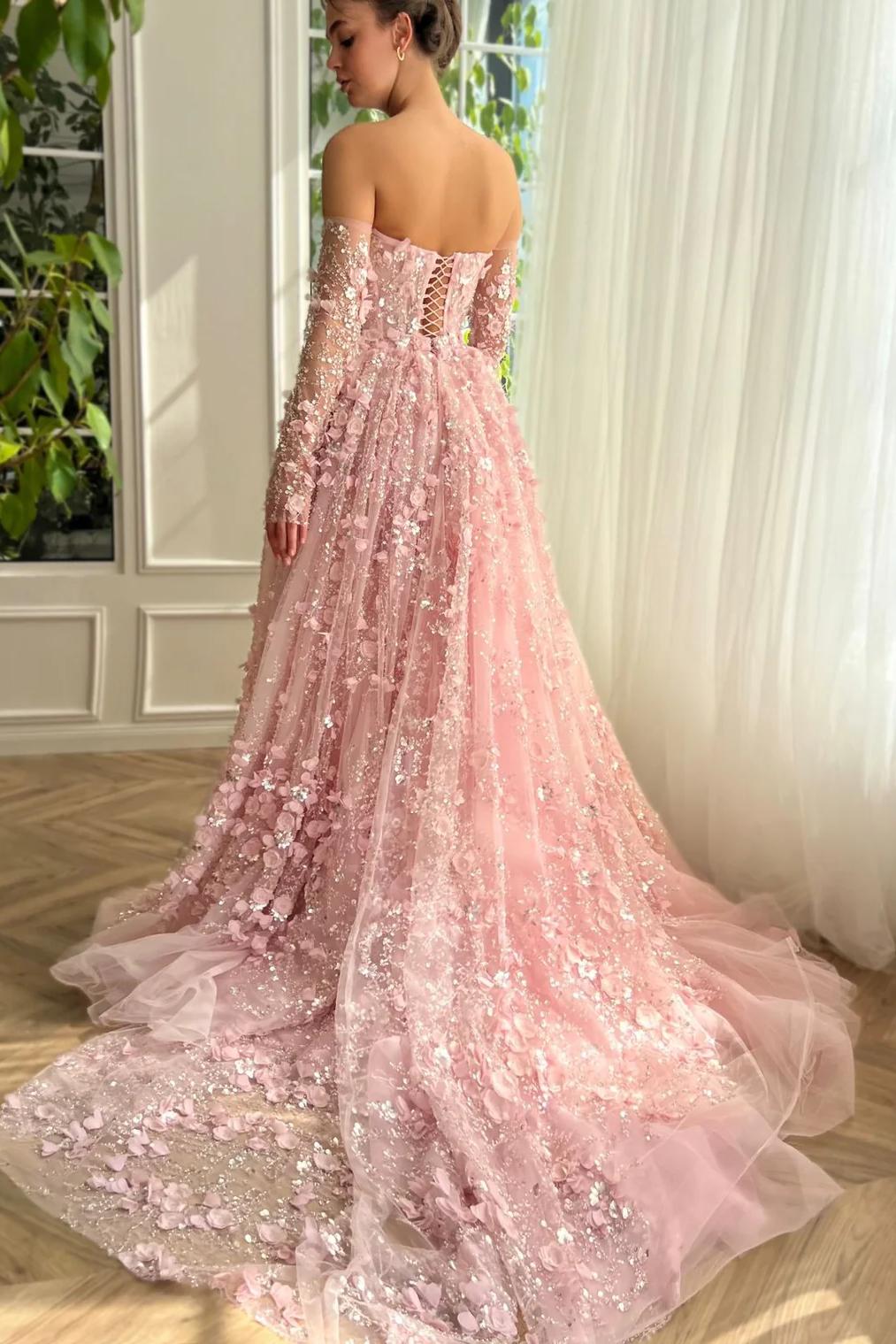 Dreamyannie 3D Flowers Pink Prom Dress Off The Shoulder Formal Dress With Panel Train