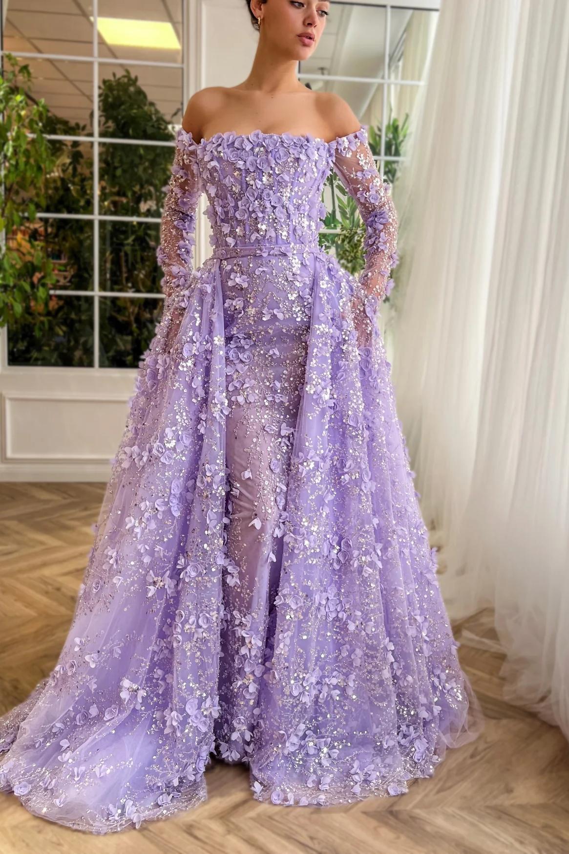 Dreamyannie 3D Flowers Pink Prom Dress Off The Shoulder Formal Dress With Panel Train