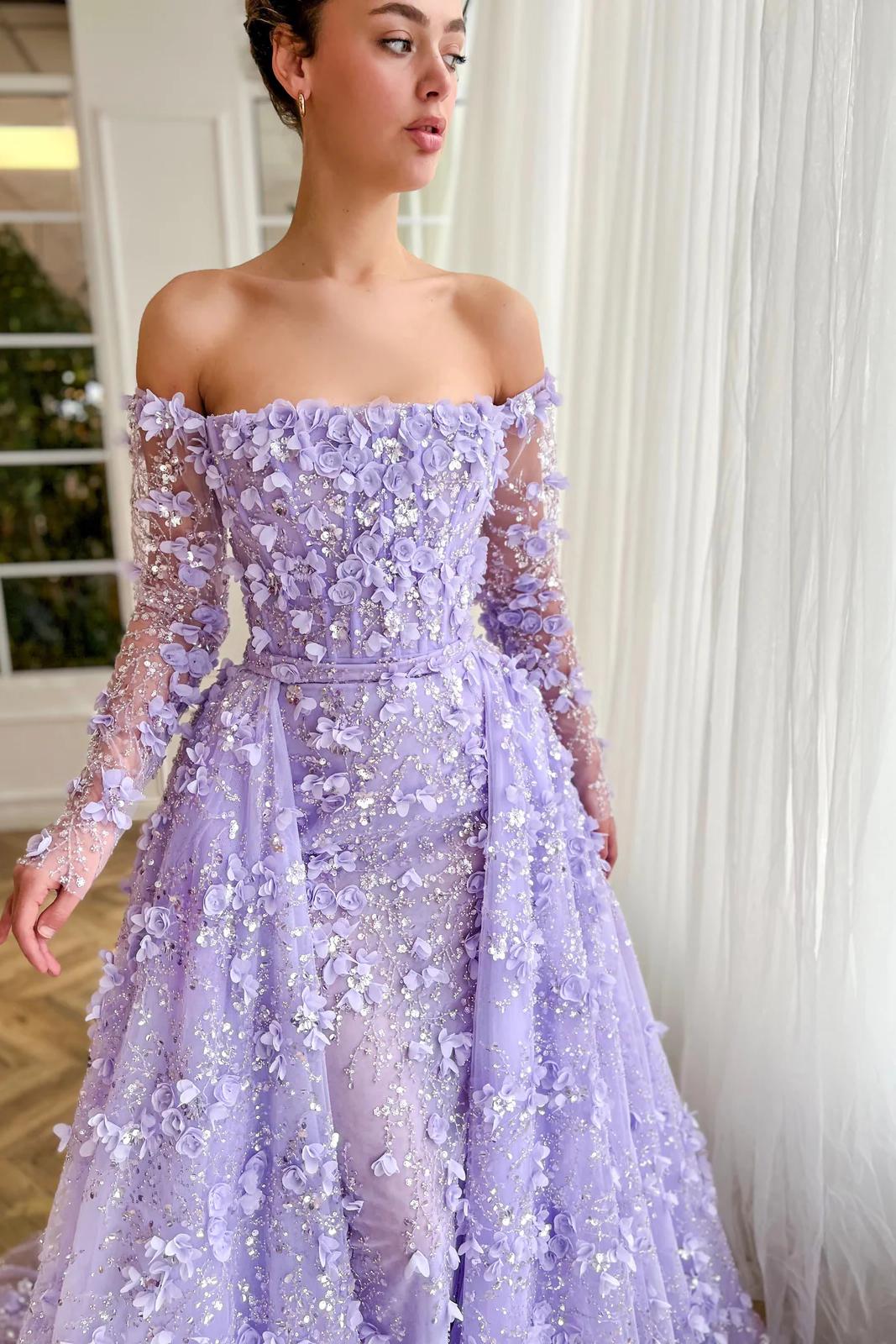 Dreamyannie 3D Flowers Pink Prom Dress Off The Shoulder Formal Dress With Panel Train