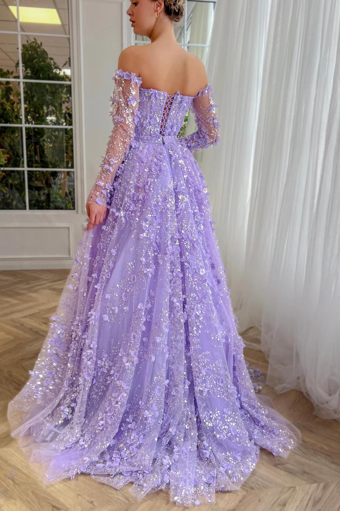 Dreamyannie 3D Flowers Pink Prom Dress Off The Shoulder Formal Dress With Panel Train