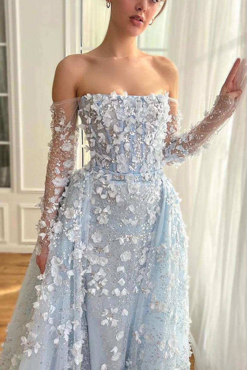 Dreamyannie 3D Flowers Pink Prom Dress Off The Shoulder Formal Dress With Panel Train