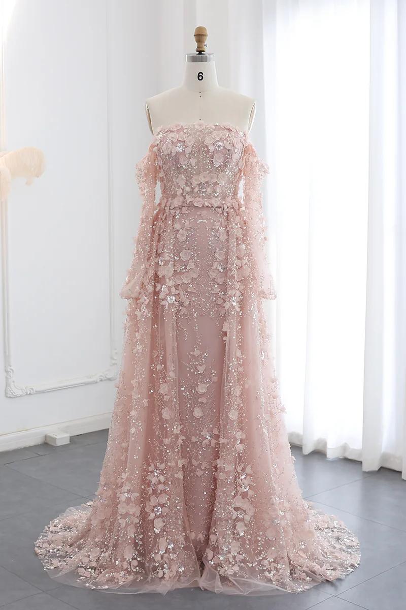 Dreamyannie 3D Flowers Pink Prom Dress Off The Shoulder Formal Dress With Panel Train