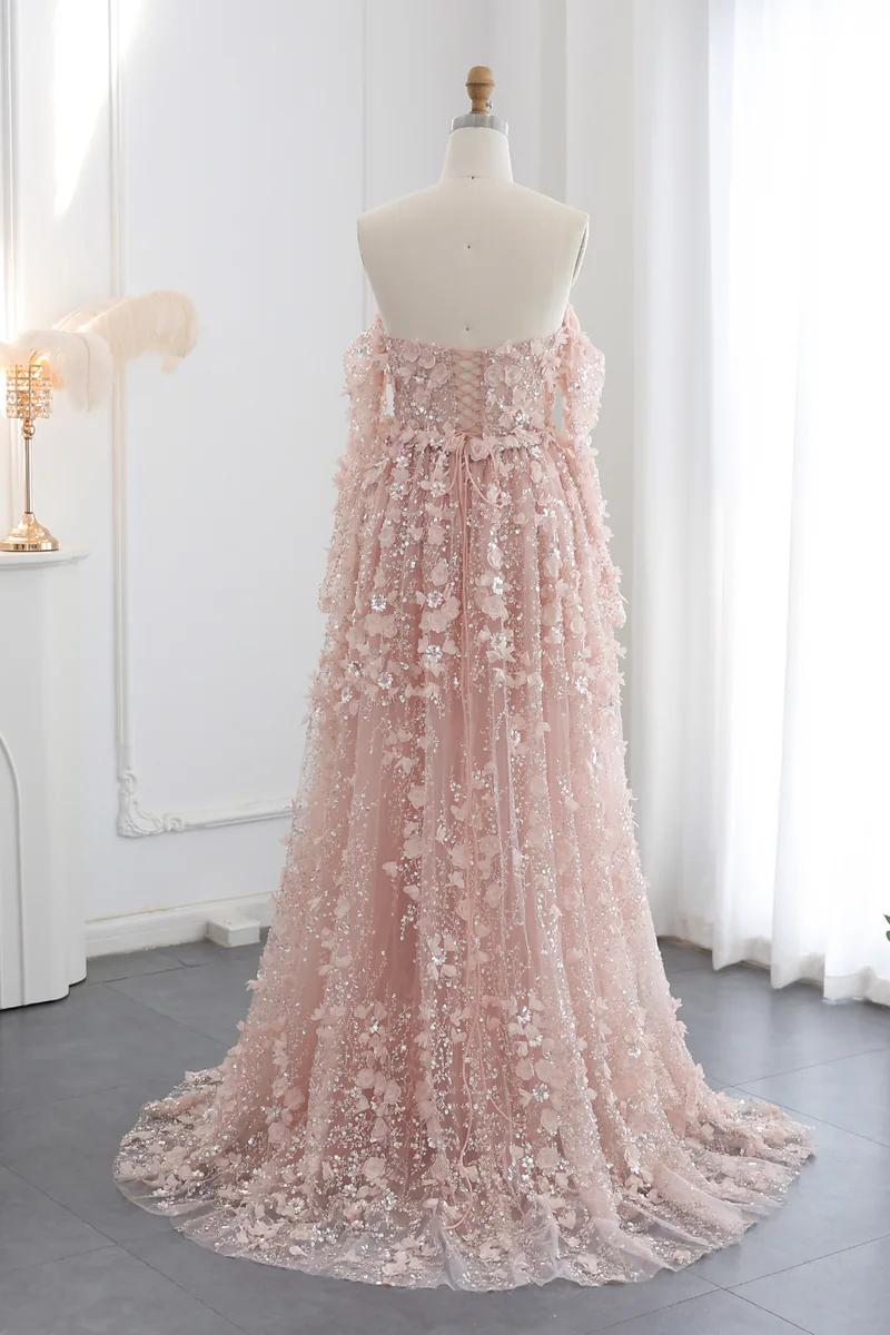 Dreamyannie 3D Flowers Pink Prom Dress Off The Shoulder Formal Dress With Panel Train