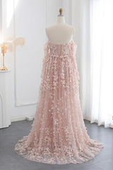 Dreamyannie 3D Flowers Pink Prom Dress Off The Shoulder Formal Dress With Panel Train