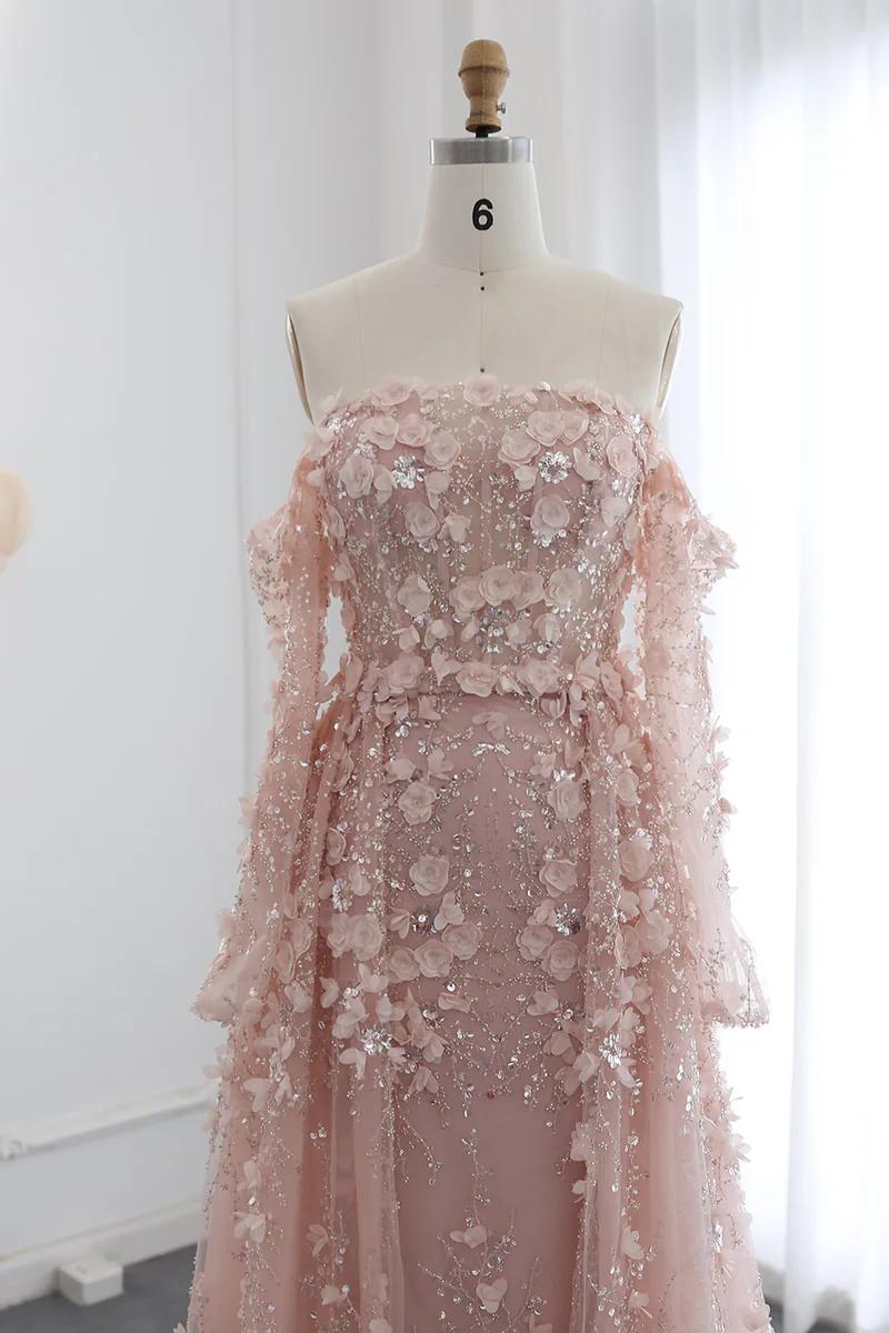 Dreamyannie 3D Flowers Pink Prom Dress Off The Shoulder Formal Dress With Panel Train