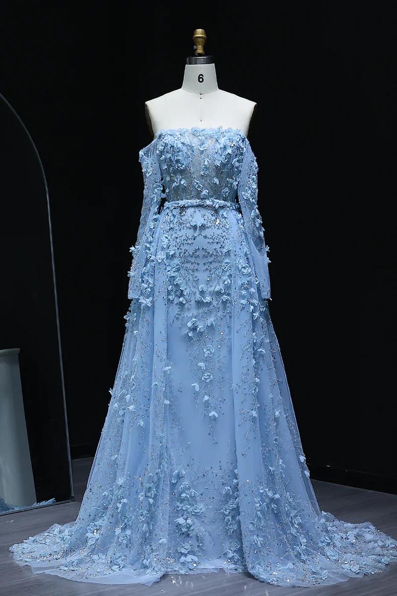 Dreamyannie 3D Flowers Pink Prom Dress Off The Shoulder Formal Dress With Panel Train