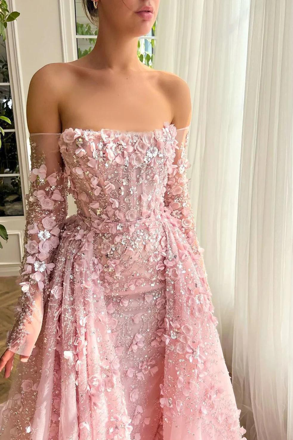 Dreamyannie 3D Flowers Pink Prom Dress Off The Shoulder Formal Dress With Panel Train