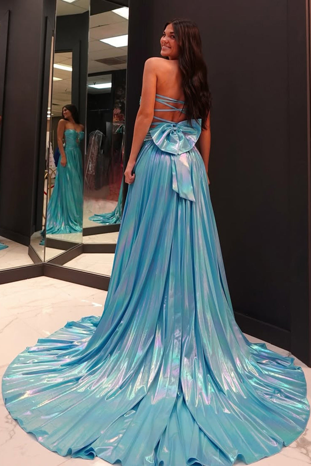 Dreamyannie A Line Blue Prom Dress Metallic Formal Dress With Slit