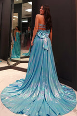 Dreamyannie A Line Blue Prom Dress Metallic Formal Dress With Slit