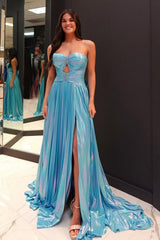 Dreamyannie A Line Blue Prom Dress Metallic Formal Dress With Slit