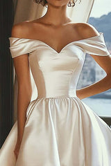 Dreamyannie A Line High Low White Wedding Dress Off The Shoulder Satin Bridal Gown
