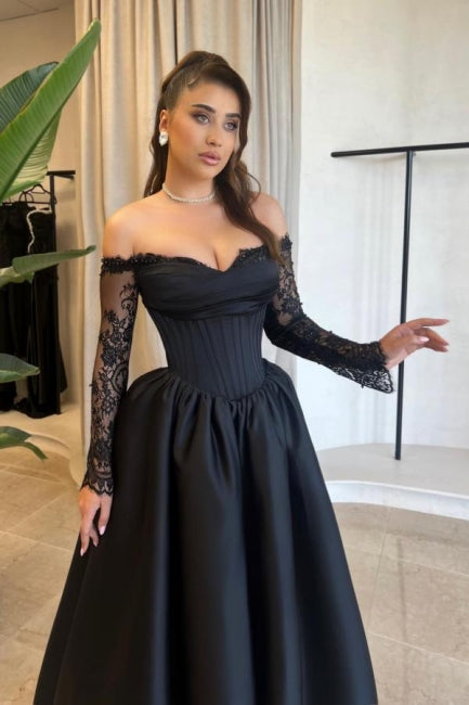 Dreamyannie A Line Prom Dress Satin Long Sleeve Black Formal Dress With Appliques