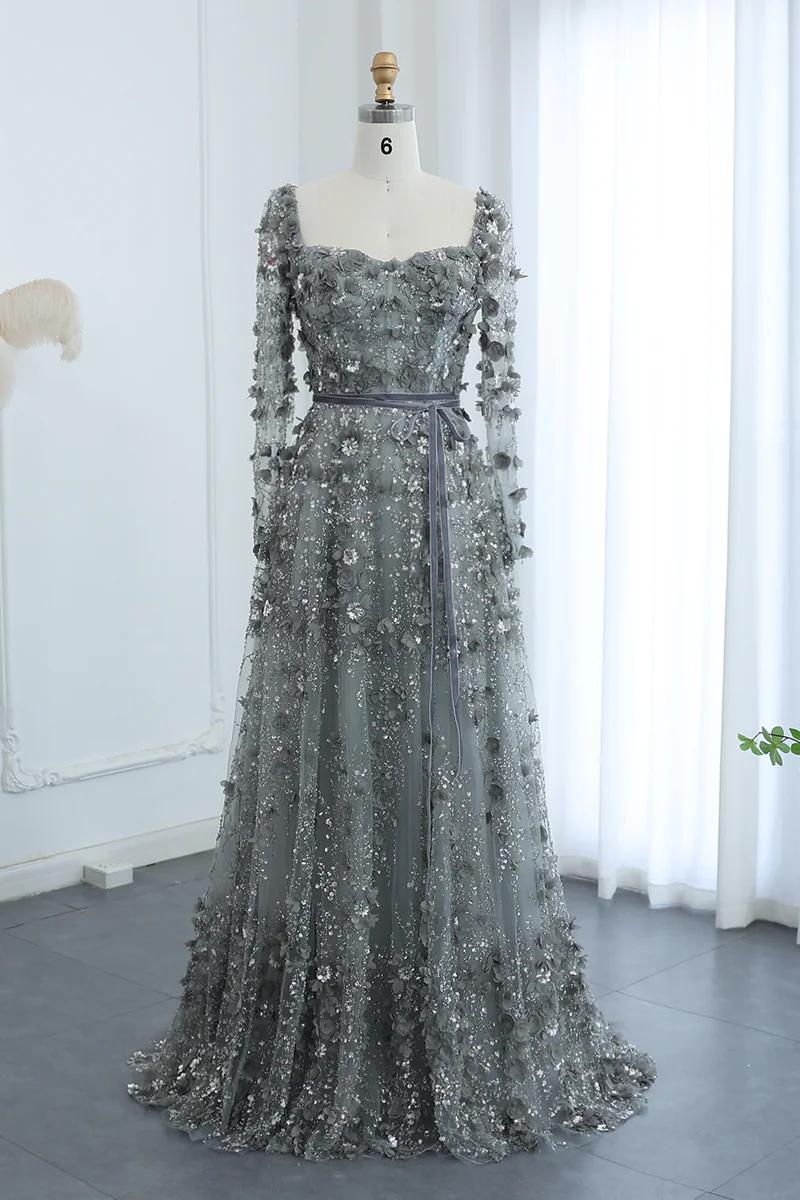 Dreamyannie A Line Prom Dress Square Neck 3D Flowers Beaded Formal Dress With Sleeves