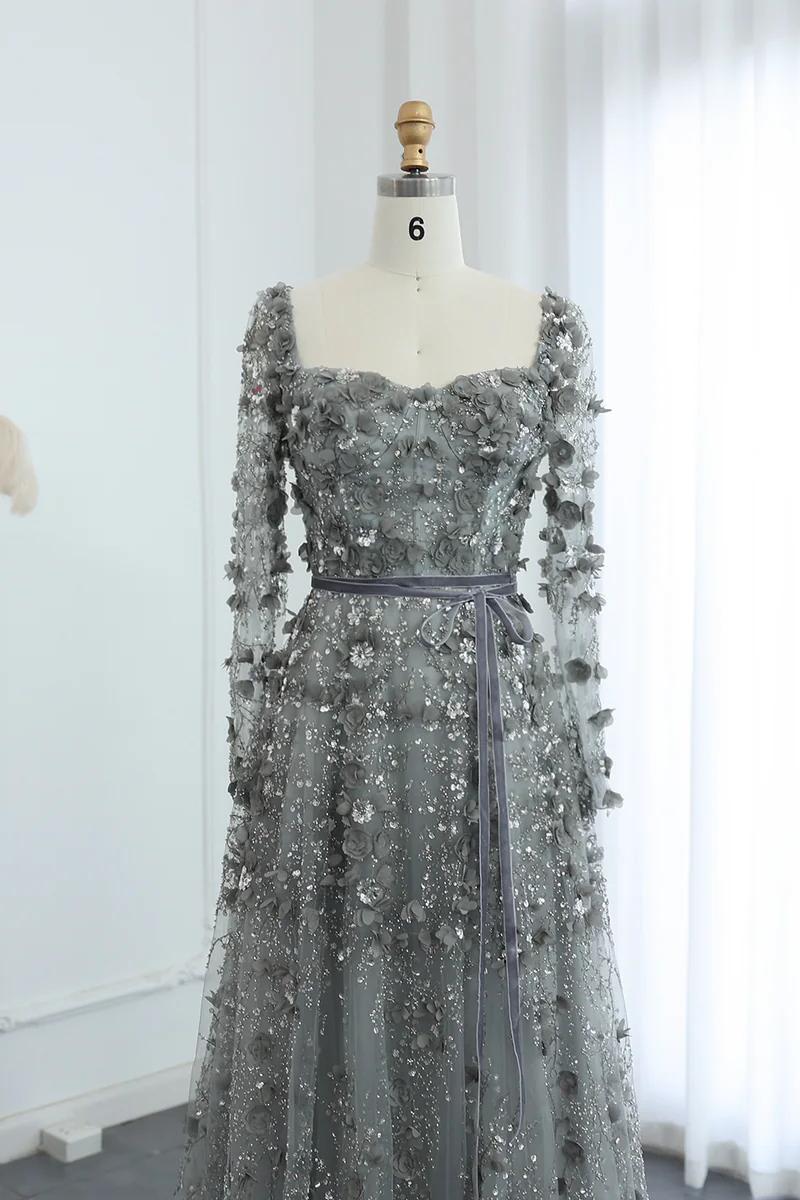 Dreamyannie A Line Prom Dress Square Neck 3D Flowers Beaded Formal Dress With Sleeves