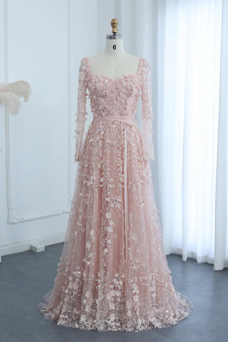 Dreamyannie A Line Prom Dress Square Neck 3D Flowers Beaded Formal Dress With Sleeves