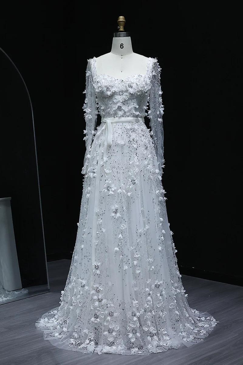 Dreamyannie A Line Prom Dress Square Neck 3D Flowers Beaded Formal Dress With Sleeves