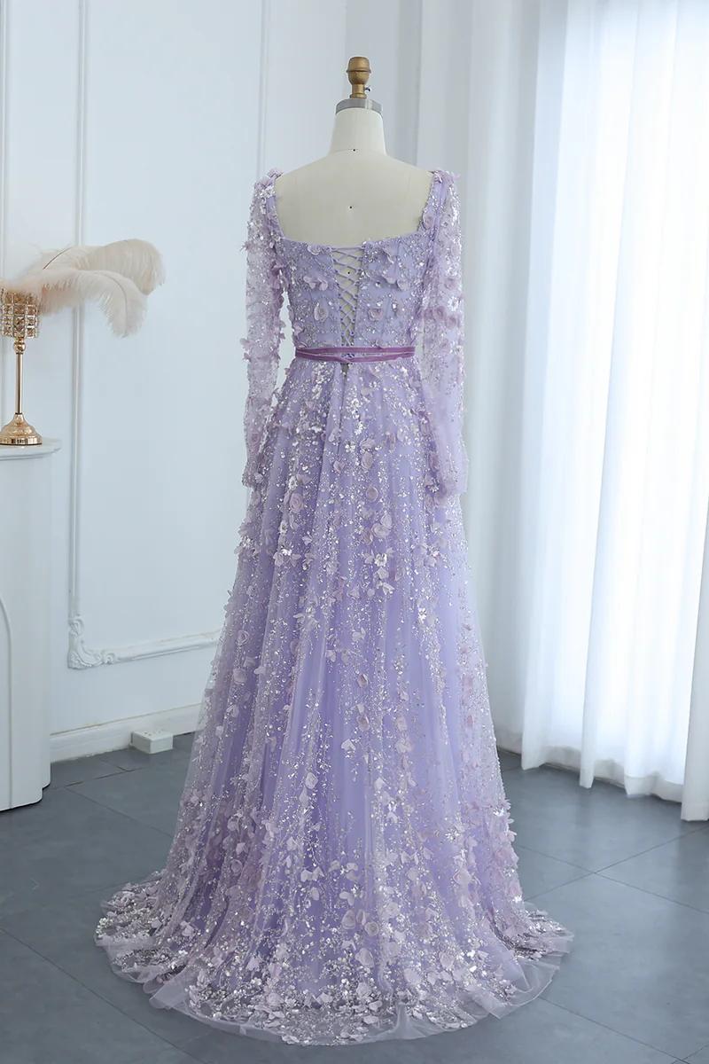 Dreamyannie A Line Prom Dress Square Neck 3D Flowers Beaded Formal Dress With Sleeves