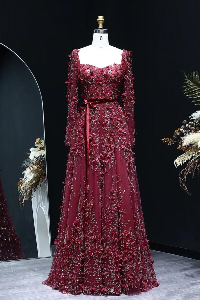 Dreamyannie A Line Prom Dress Square Neck 3D Flowers Beaded Formal Dress With Sleeves