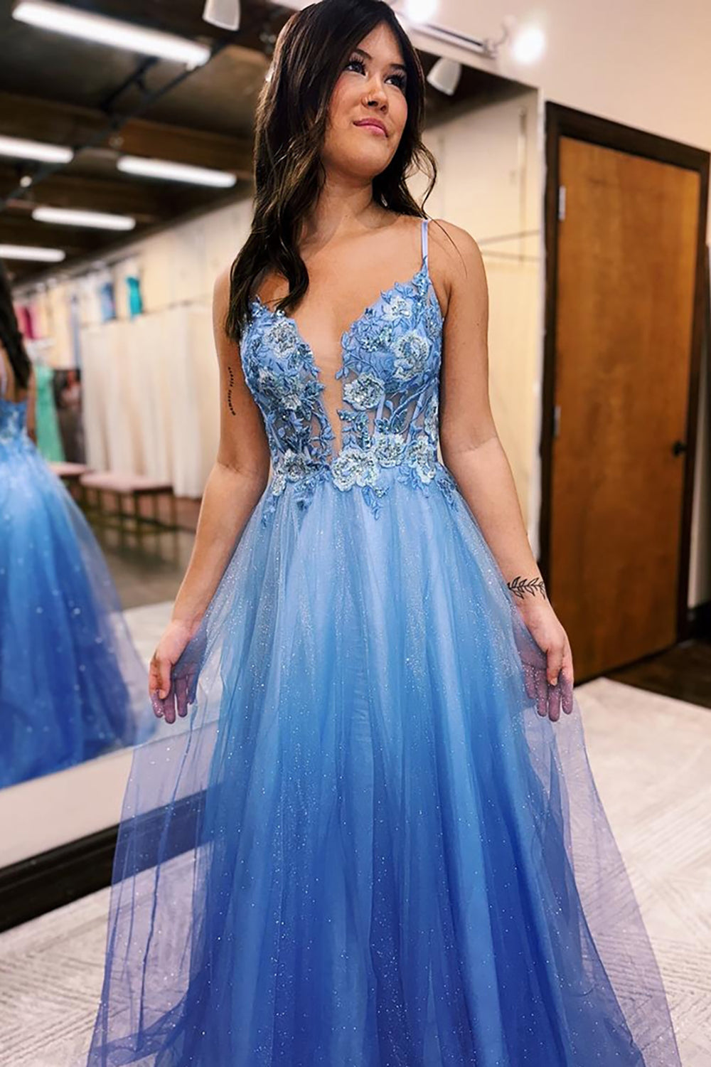 Dreamyannie A Line Prom Dress Tulle Lace Long Formal Dress