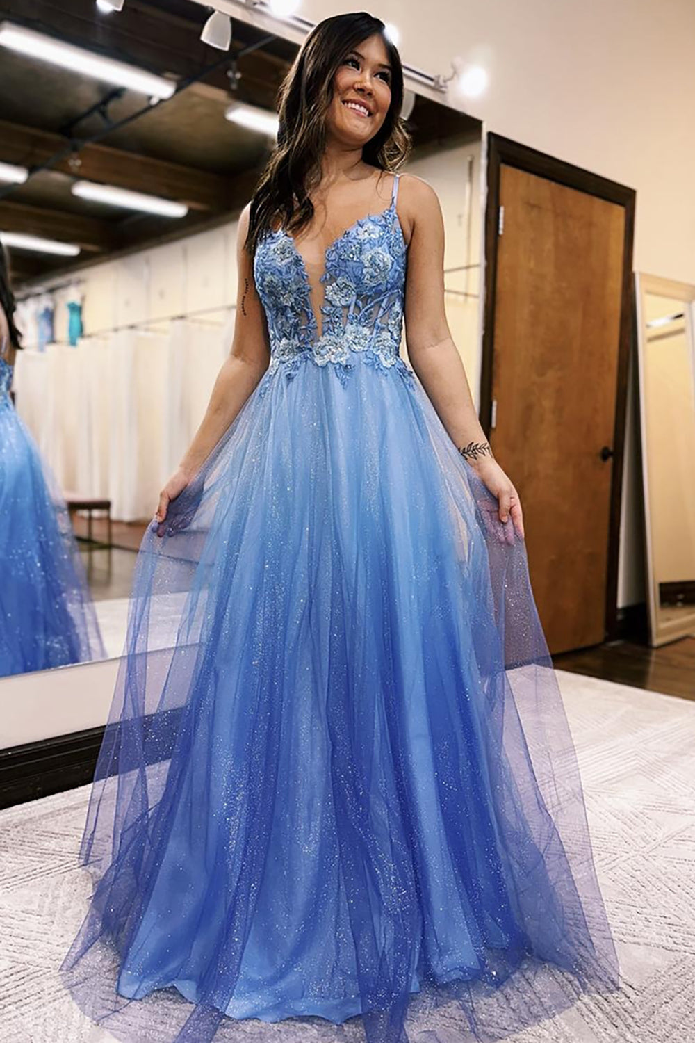 Dreamyannie A Line Prom Dress Tulle Lace Long Formal Dress