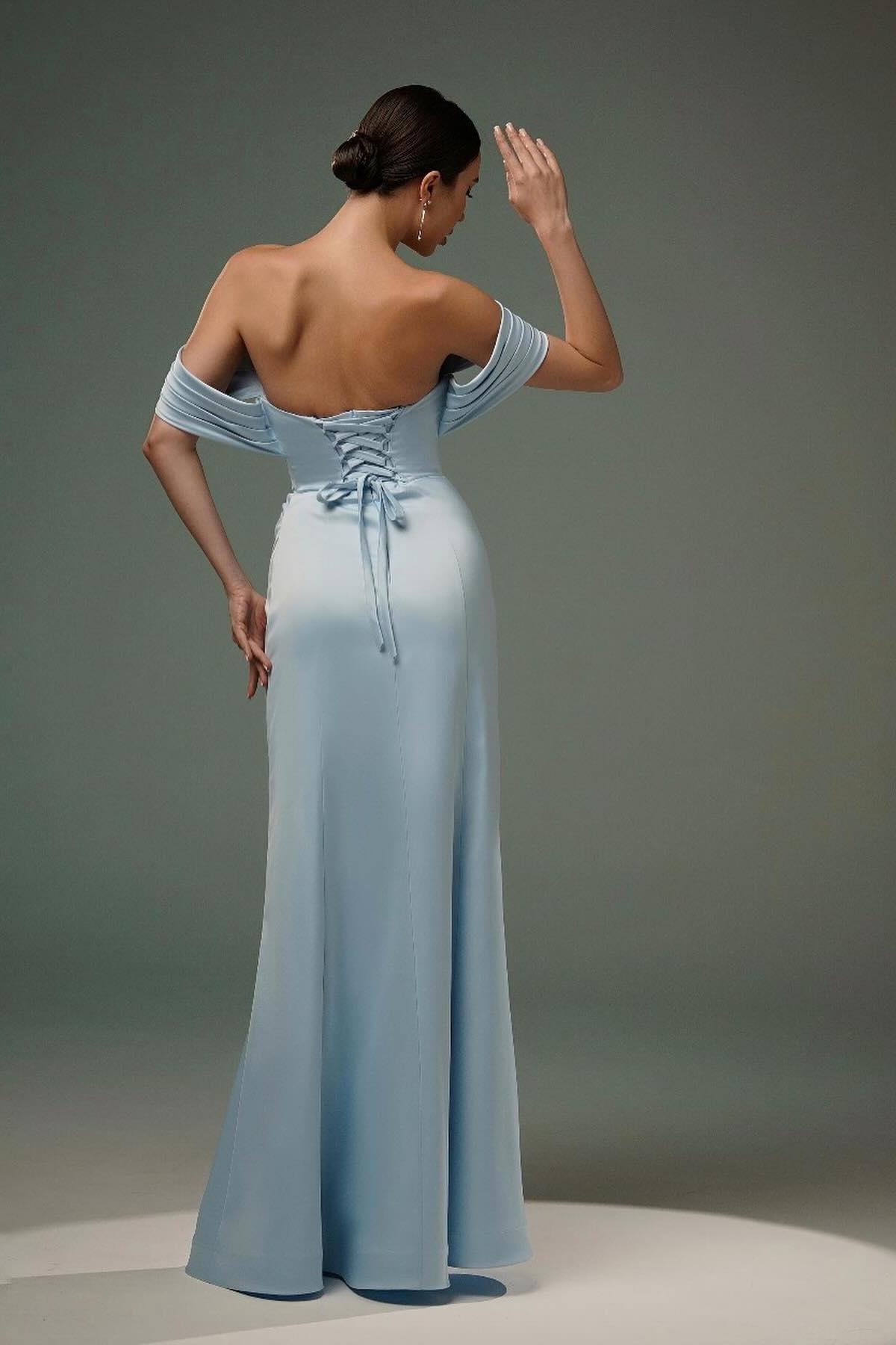 Dreamyannie A Line Satin Off The Shoulder Sleeveless Formal Dress With Slit