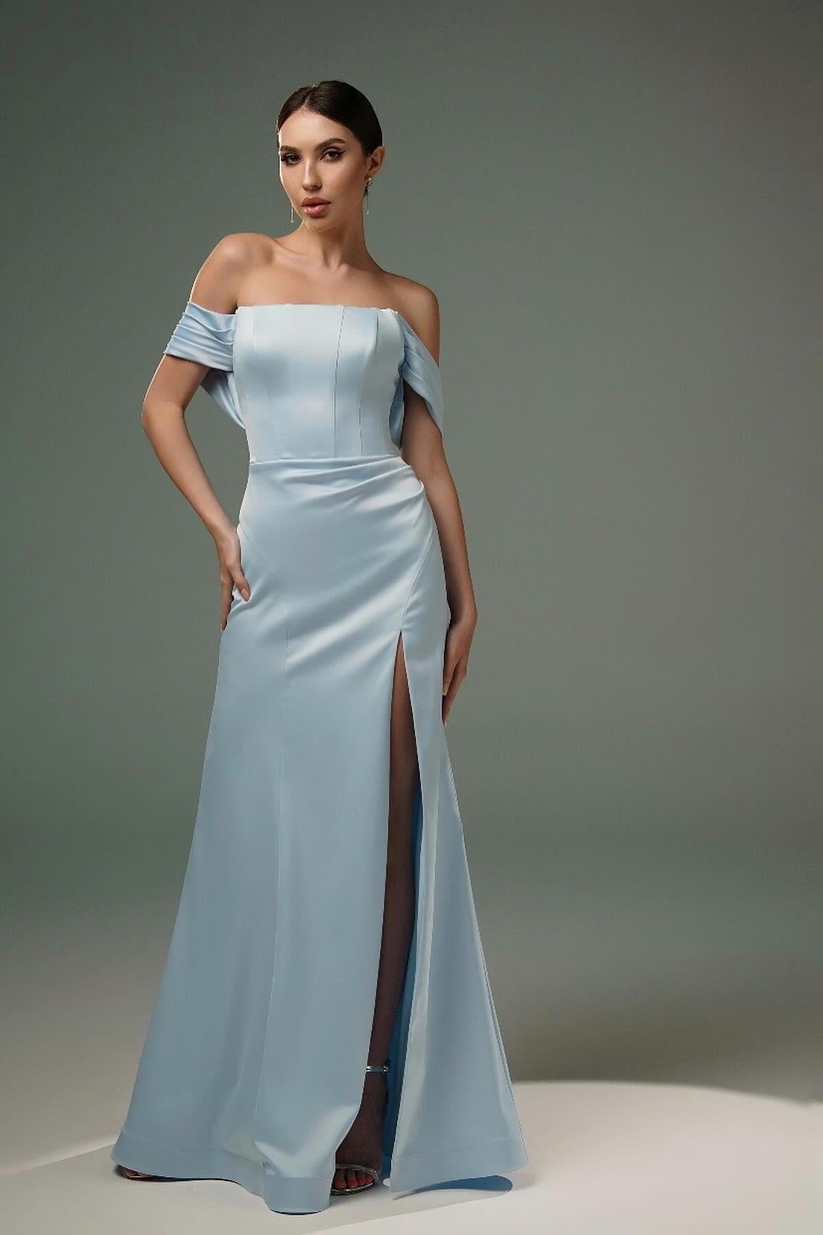 Dreamyannie A Line Satin Off The Shoulder Sleeveless Formal Dress With Slit